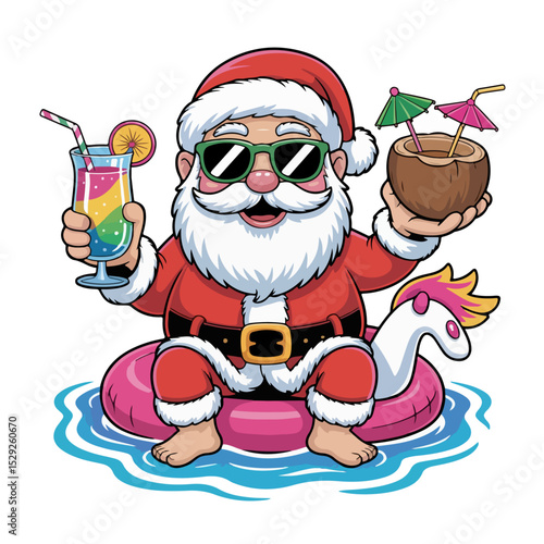 Santa enjoys a summer cocktail on a unicorn floatie