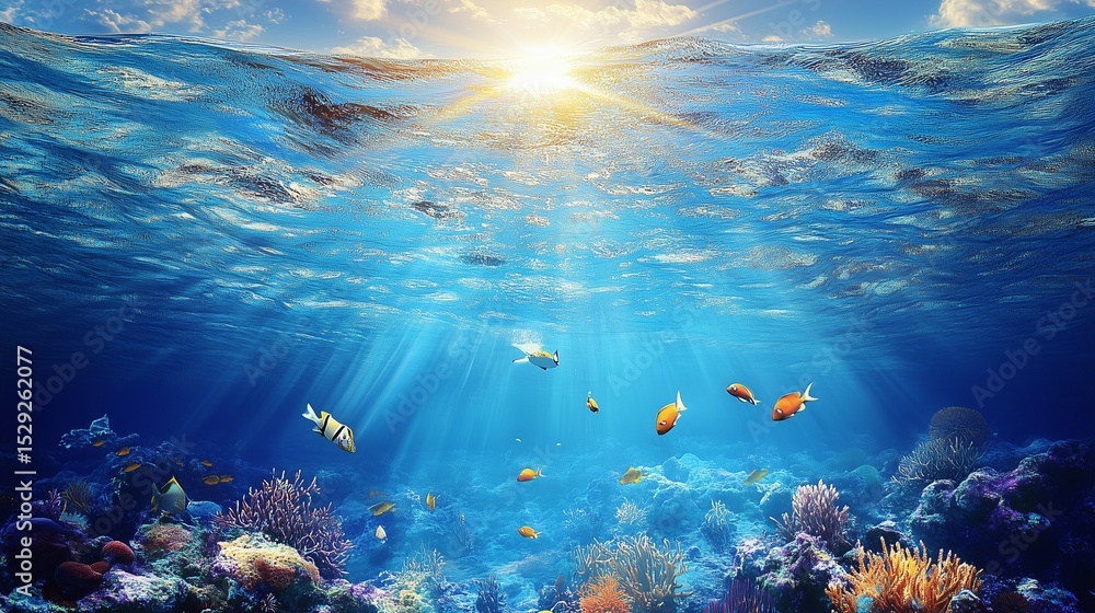 Naklejka premium Vibrant Blue Ocean Scene with Sunlight Piercing Through to a Thriving Coral Reef