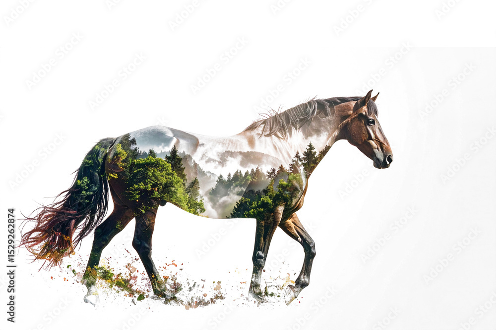 Fototapeta premium 森と馬の多重露光イメージ,Generative AI,AI画像