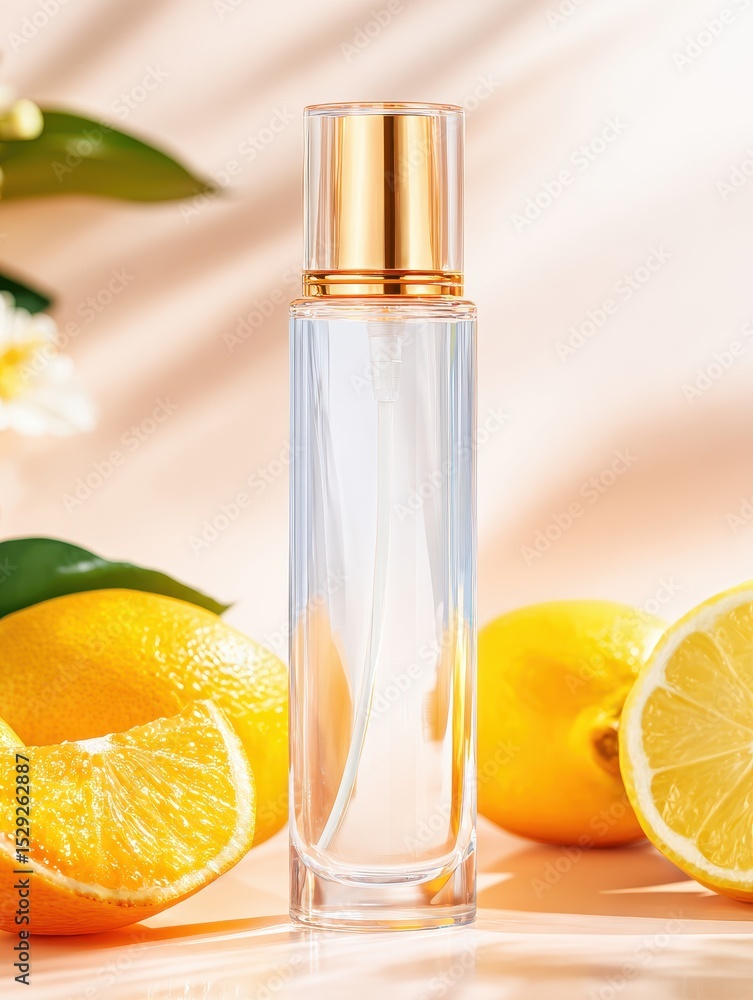 Elegant perfume bottle surrounded by fresh lemons on a soft pastel background Elegant perfume bottle surrounded by fresh lemons on a soft pastel background