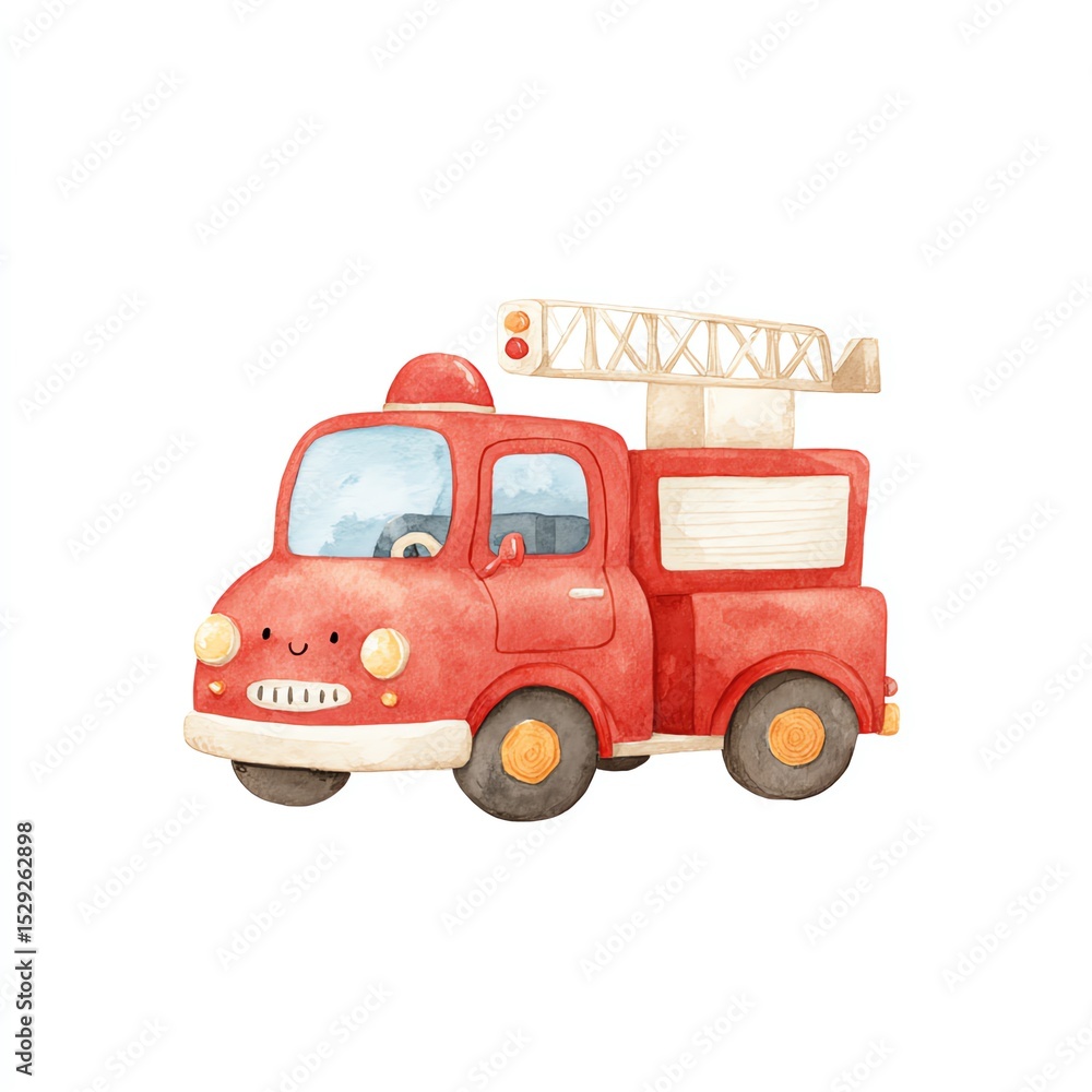 Obraz premium Adorable Watercolor Firetruck Illustration, Happy and Cheerful Design, Perfect for Kids