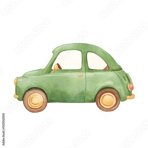 Charming Watercolor Illustration of a Vintage Green Car, Ideal for Childrens Books or Prints