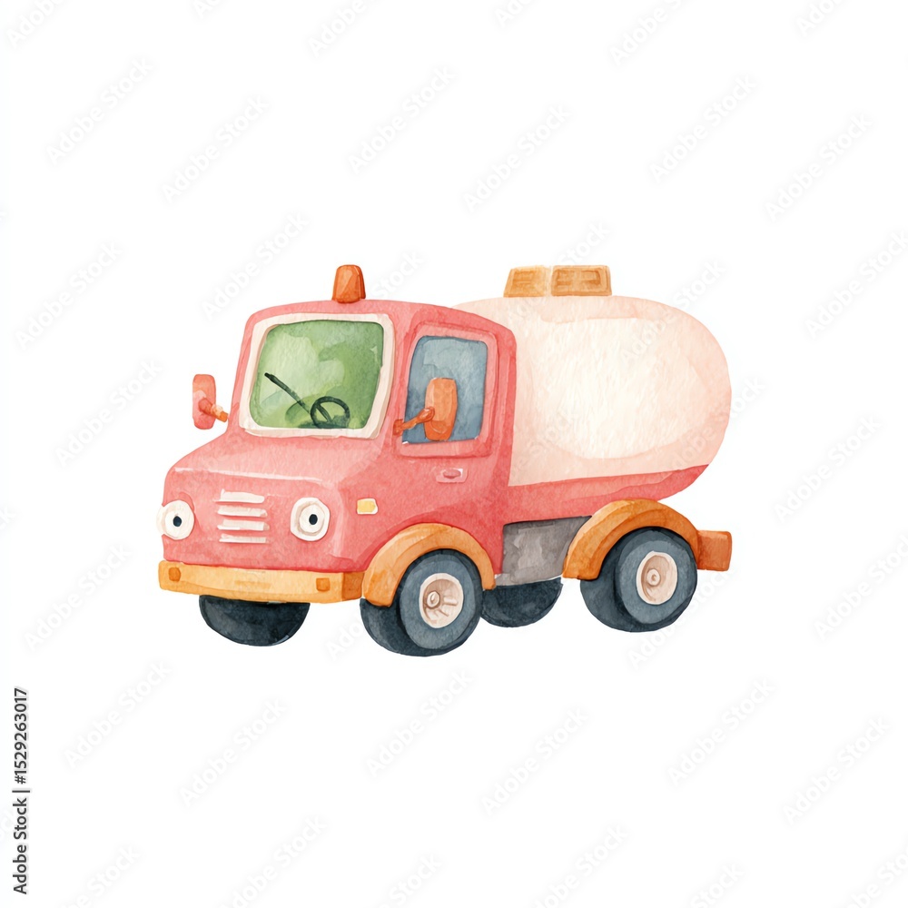 Naklejka premium Charming Watercolor Tanker Truck Illustration, Whimsical Design, Childrens Book Style