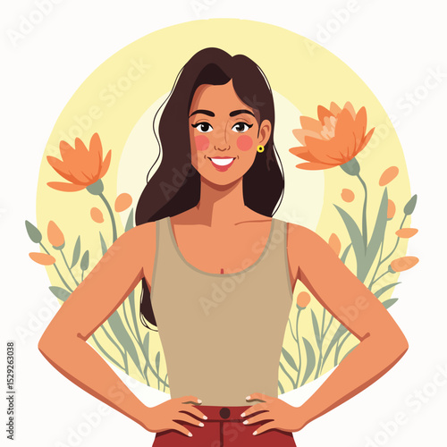 Calm Woman Standing in Nature – Peaceful Flat Illustration of Woman