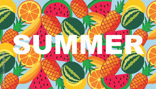 Seamless pattern of watermelon, pineapple, and tropical fruits – flat vector