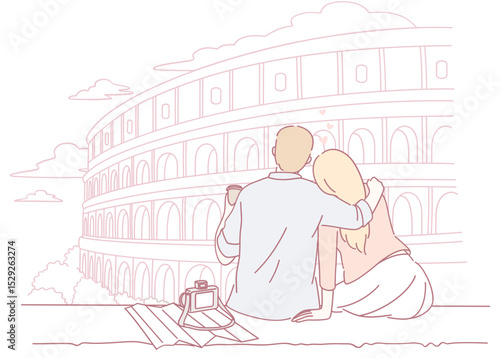 A couple lovingly embraces each other at the iconic Colosseum, capturing a moment of romance in a beautiful setting