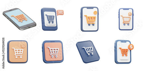 Mobile Shopping Icon Collection: A set of mobile phone icons showcase online shopping with cart symbols, suitable for e-commerce concepts and digital marketing. 