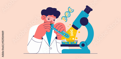 scientist with microscope in laboratory, vector illustration for medical research and laboratory discovery
