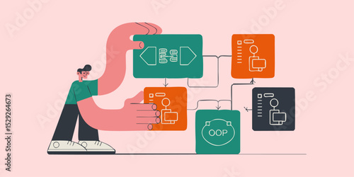 developer arranging connected programming blocks vector illustration, the concept of visual programming and code logic structuring, workflow automation and software design