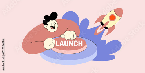person pressing launch button with rocket, vector illustration for project launch, Startup and innovation initiation
