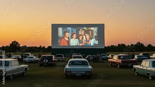 Vintage drive-in movie theater scene at sunset with classic cars and a film screening in the background