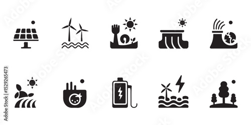 a set of black and white icons representing various aspects of sustainable energy and environmental issues vector art on white