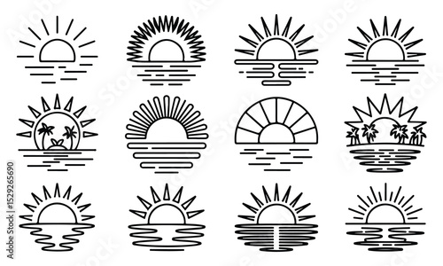 A set of twelve minimalist line art designs depicting sunsets and sunrises over water, some with palm trees.