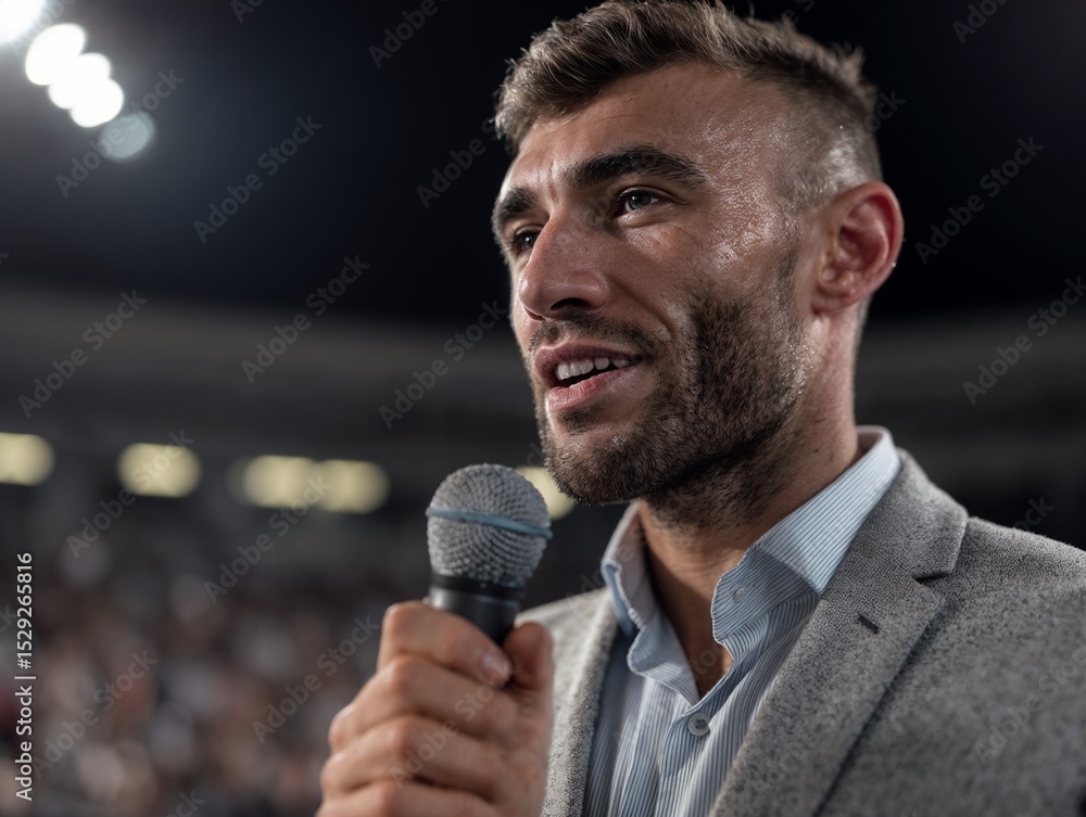 Naklejka premium Young businessman using a microphone.