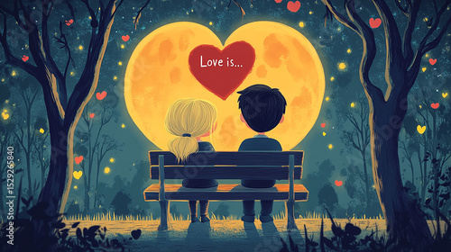 A cartoon couple sits on a bench holding hands and looking at the moon in the sky with the heart-shaped word 