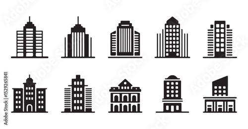 A set of various black and white architectural silhouettes of skyscrapers and buildings vector art on white