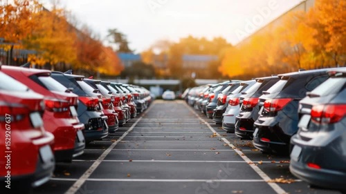 Wallpaper Mural Brightly colored cars are arranged in orderly rows under golden autumn leaves. Warm sunlight illuminates the parking lot, enhancing the seasonal atmosphere of the scene Torontodigital.ca