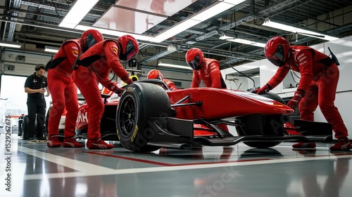 Race Car Pit Crew in Red Uniforms Working on a Red Race Car