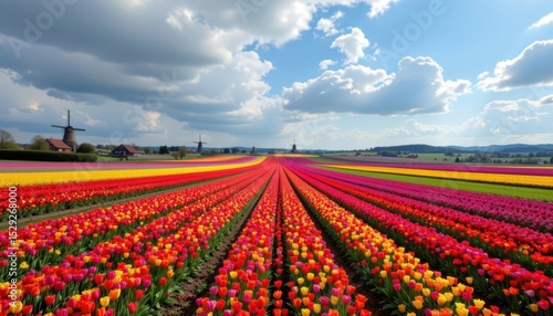 Wallpaper Mural A vibrant field of tulips in full bloom under a bright blue sky with fluffy clouds and windmills in the distance Torontodigital.ca