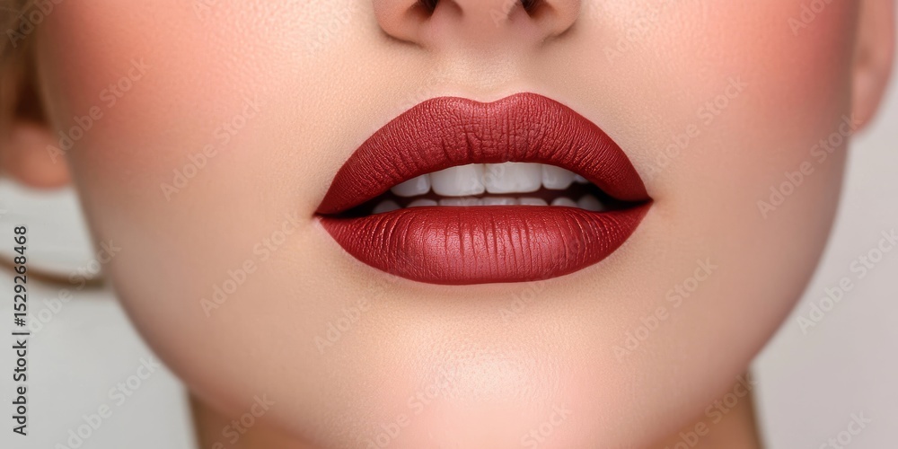 Fototapeta premium Close-Up of Stunning Red Lipstick on Perfectly White Teeth, Capturing Glamorous Makeup Elegance
