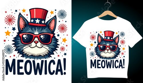 Meowica Patriotic Cat T-Shirt Design: American Flag Hat, Sunglasses, Fireworks, Stars - Cute 4th of July Apparel Graphic for Cat Lovers