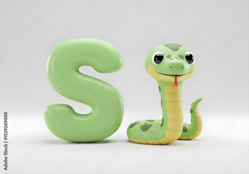 Naklejka premium A cute cartoon Snake next to light Green letter S