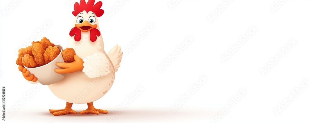 Fototapeta premium Cartoon Chicken Holding Bowl of Fried Food on White, Chicken, Food