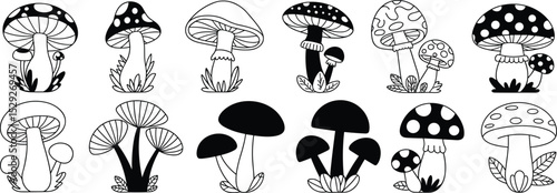 Cartoon mushroom vector collection, fantasy fungi illustrations, black and white toadstool clipart, whimsical forest plant design, botanical nature elements

 flat vector illustration