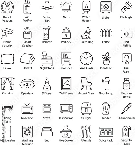 Home Appliances Outline Icons Vector Illustration Isolated on White Background