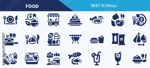 Best food icon set collection. Dessert, nutrition, ingredients, breakfast, lunchbox, dinner, vegetarian, spices and vector illustration.