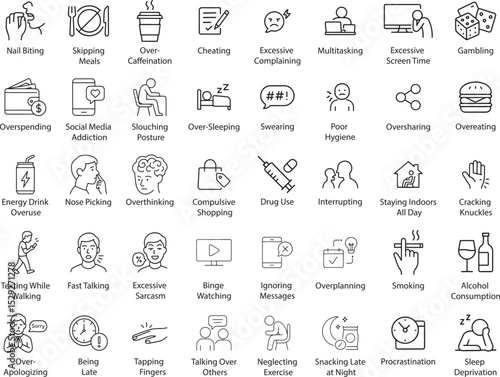Unhealthy Habits Icons Set, Vector Illustration