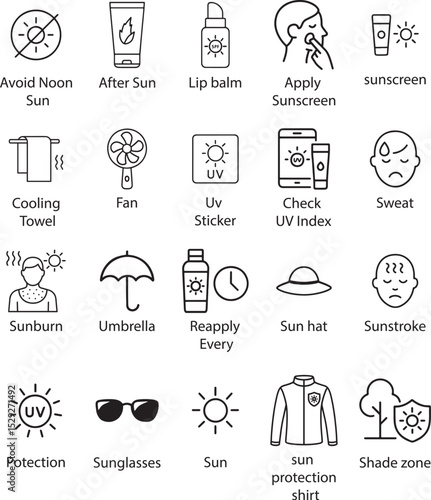 Sun Protection Vector Icons: Isolated on White Background.
