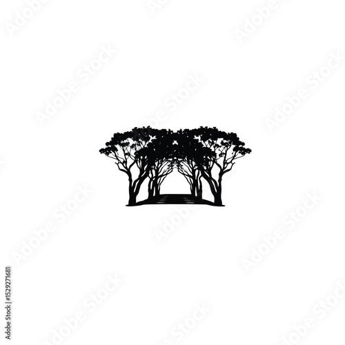 A cluster of trees forming a natural tunnel over a dirt road silhouette on white background