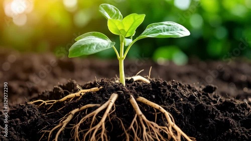 Close-up seedling growing in dark soil with visible root system, representing new life and growth in a natural environment.