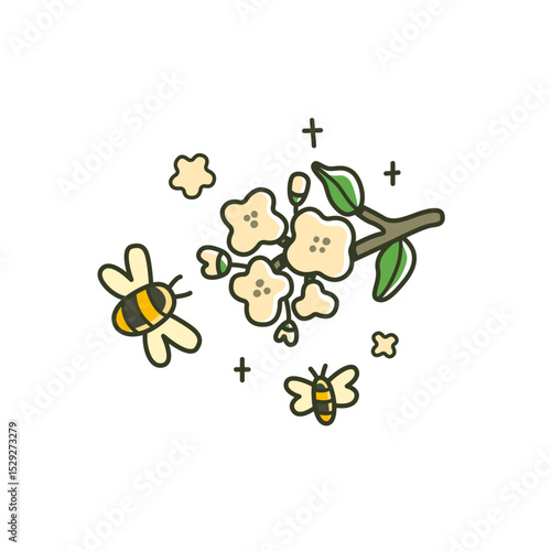 Cute cartoon bee and flowers. Kawaii vector illustration with outline honeybee, blossom, buzzing and pollination scene in a spring garden