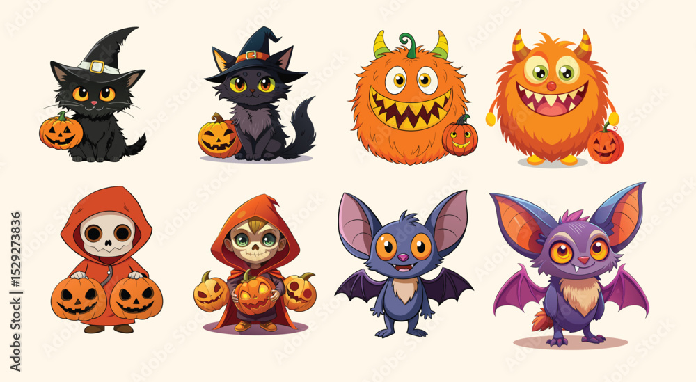 Obraz premium Set of cute cartoon halloween monsters and pumpkins. Vector illustration.
