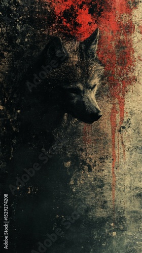 Dark, moody wolf portrait with dramatic background