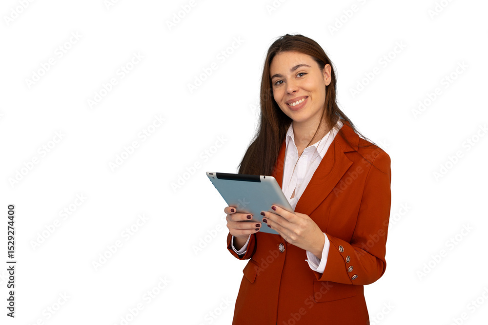 Professional businesswoman working on digital tablet, transparent background highlighting sleek corporate workspace Professional businesswoman working on digital tablet, transparent background highlighting sleek corporate workspace