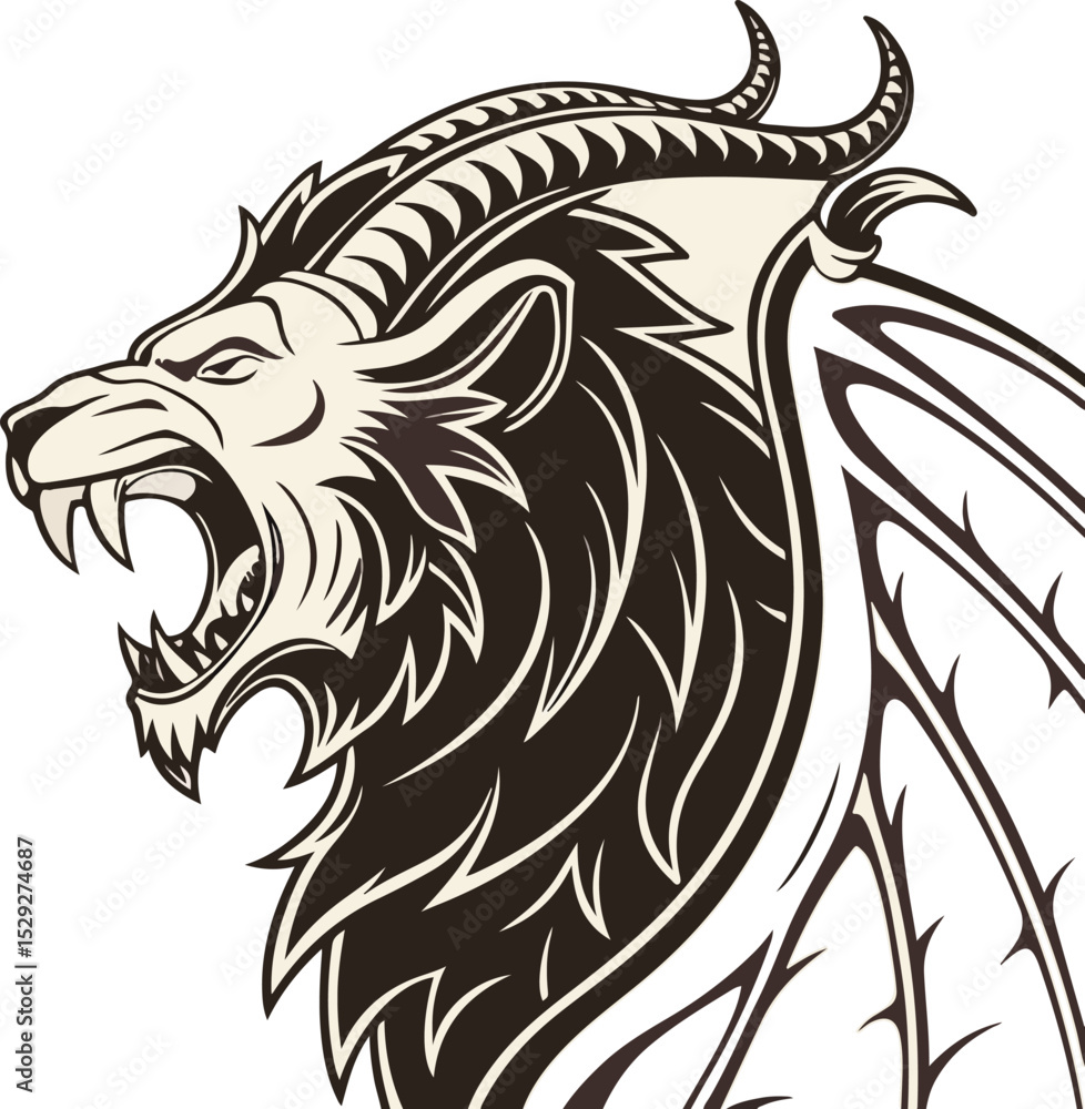 Fantasy chimera with lion, goat, and serpent heads, fierce look and dark comic design, isolated RPG beast for monster themes Fantasy chimera with lion, goat, and serpent heads, fierce look and dark comic design, isolated RPG beast for monster themes