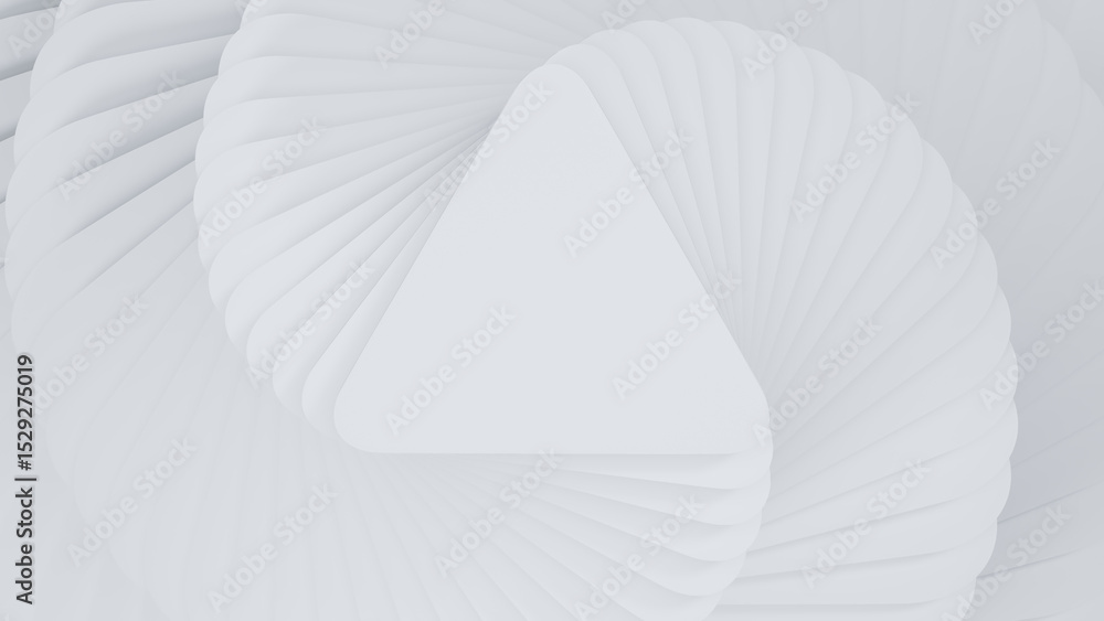 Naklejka premium Abstract white twisted triangle layered, triangle steps top view. Modern, trendy, minimal white and gray empty space background for product promotion. Abstract white geometric background. 3d render