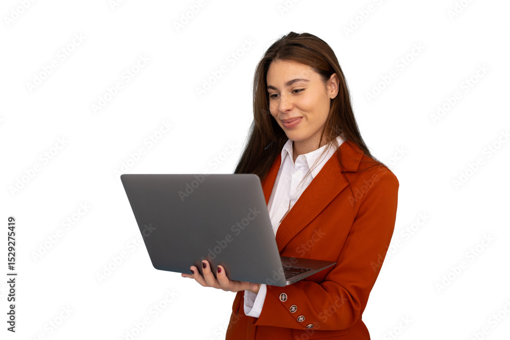 Professional businesswoman working on laptop, wearing tailored suit, radiating confidence with bright smile against clean background Professional businesswoman working on laptop, wearing tailored suit, radiating confidence with bright smile against clean background