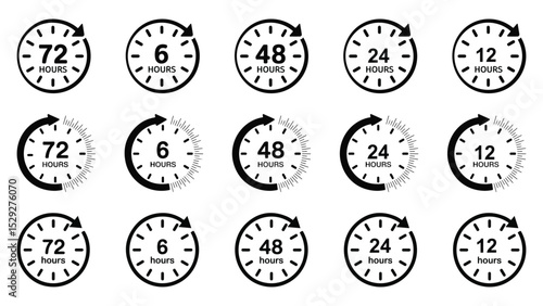 Hour Timer Icon Set – 6, 12, 24, 48, 72 Hour Countdown Clock Symbols for Delivery, Warranty, and Time. 6, 12, 24, 48, 72 Hours Clock Arrow. Transparent Background