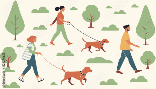Repeatable pattern of owners are walking different cute dogs in park. Endless background with people are strolling, lead puppies on leash, play with doggies outdoors. Flat seamless vector illustration
