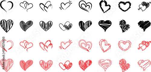Love hearts icon. Abstract red loving heart symbols for valentines day, outline lovely red heart elements and love silhouette icons vector isolated set. Romance linear and filled symbol bundle
