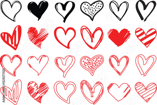Love hearts icon. Abstract red loving heart symbols for valentines day, outline lovely red heart elements and love silhouette icons vector isolated set. Romance linear and filled symbol bundle
