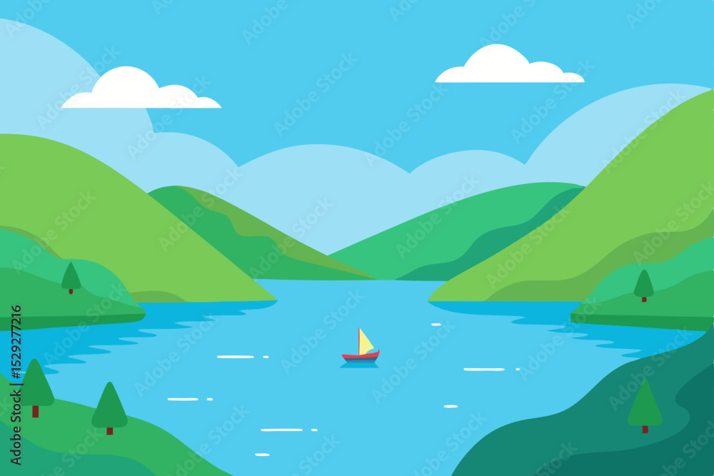 Obraz premium Serene Lake Landscape A Tranquil Scene of Mountains, Water, and Sailboat