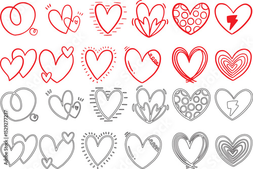 Zen art hearts doodle collection isolated on white background. Valentine's day pretty red template. Modern set of fill-in heart shapes with assorted patterns. Patchwork hearts clip art pack.
