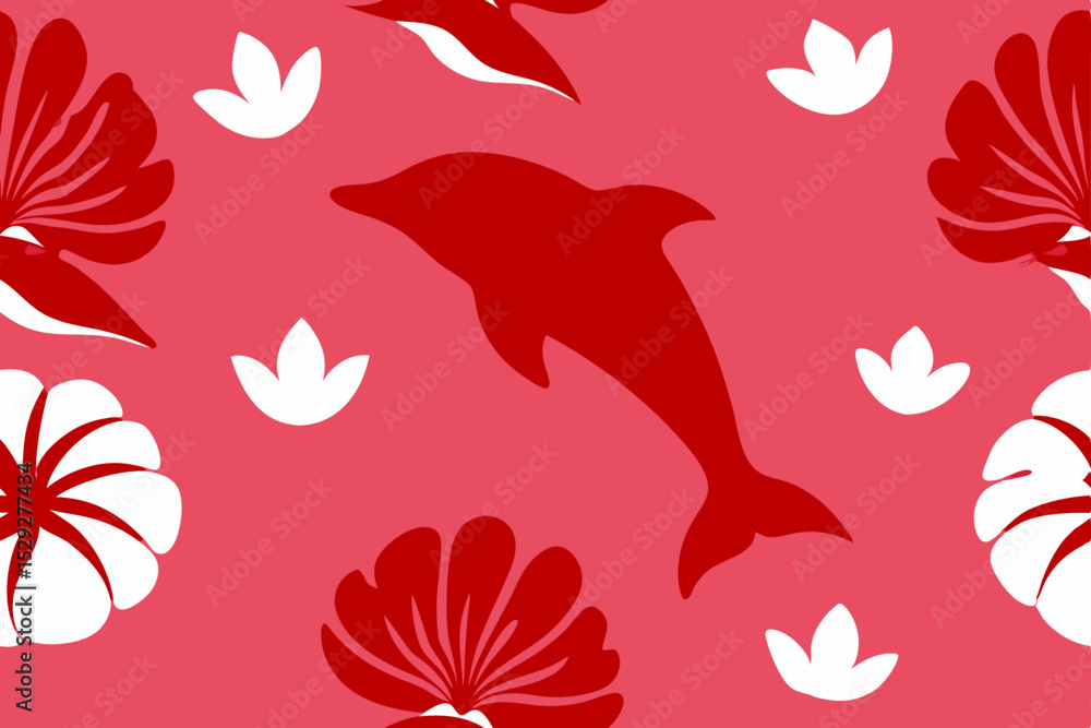 Red Dolphin and Floral Seamless Pattern Vibrant Tropical Design Red Dolphin and Floral Seamless Pattern Vibrant Tropical Design