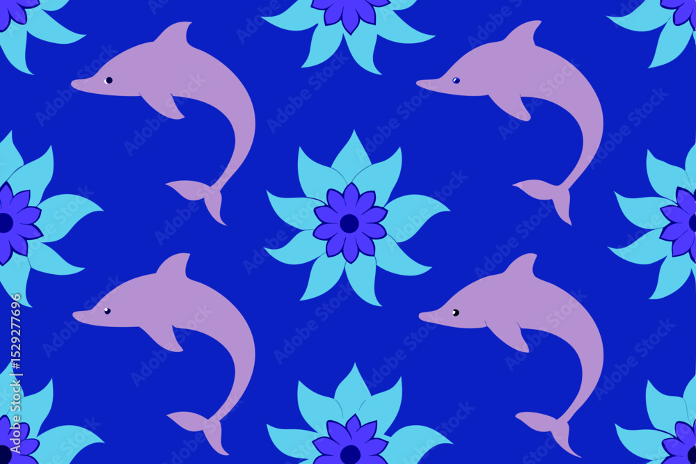Fototapeta premium Seamless Pattern Design Playful Dolphins and Vibrant Flowers