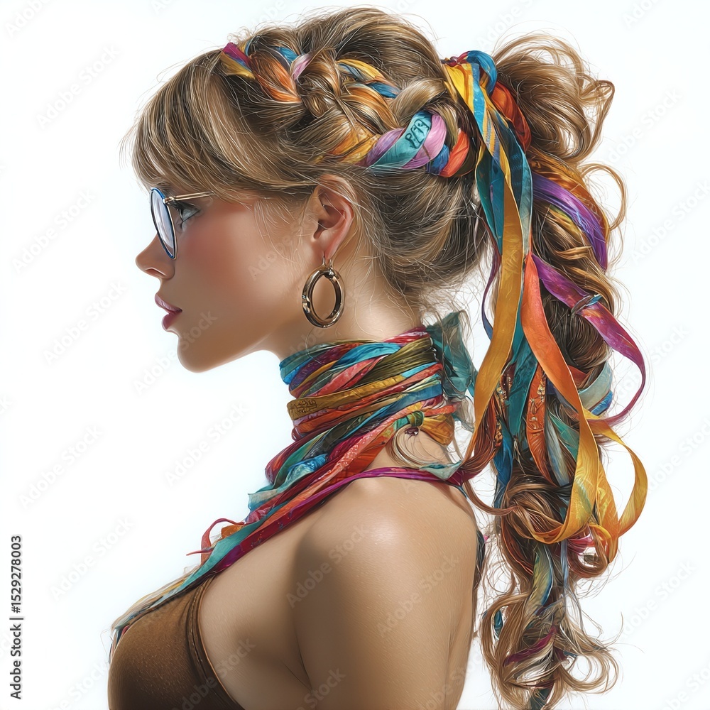 Naklejka premium Woman with braided hair and colorful ribbons in a high ponytail hairstyle fashion beauty portrait style